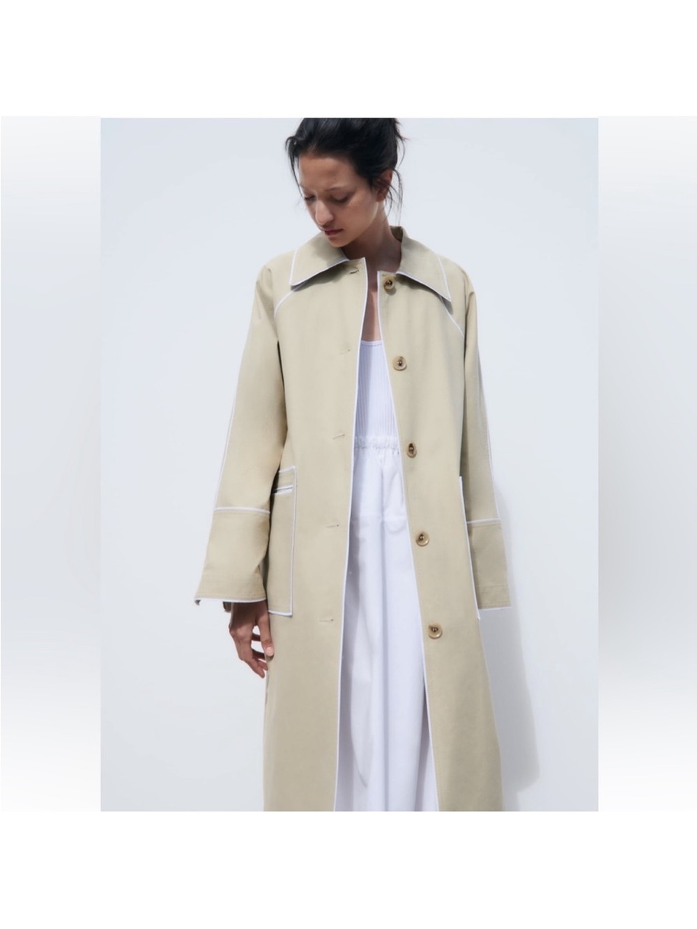 Zara Oversized Contrast Trench Coat Beige Piping Special Edition Sz XS Fits M/L - Picture 2 of 16